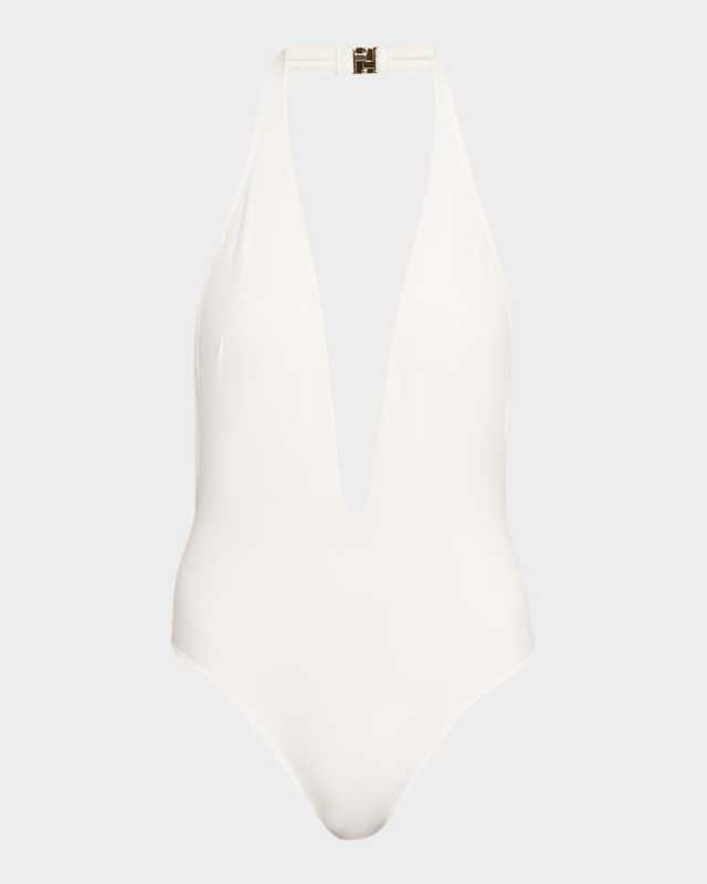 Plunging Halter Jersey One-Piece Swimsuit